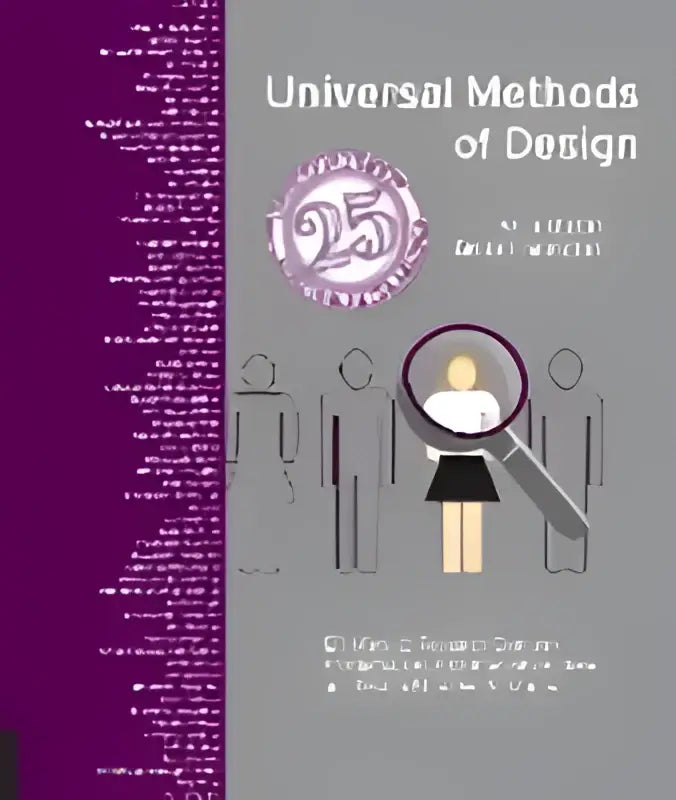 De cover van het boek universele methoden van design toont een grijze achtergrond met een paarse 25 en gestileerde figuren voor onderzoeksmethoden en casestudy’s