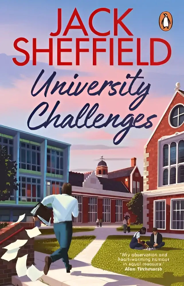 De boekcover van university challenges door jack sheffield toont gestileerde universiteitsgebouwen en studenten in een academische omgeving