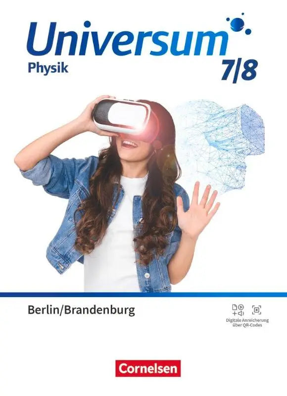 Een jonge vrouw draagt een blauw-witte vr-bril bij universum physik voor gymnasium berlin/brandenburg