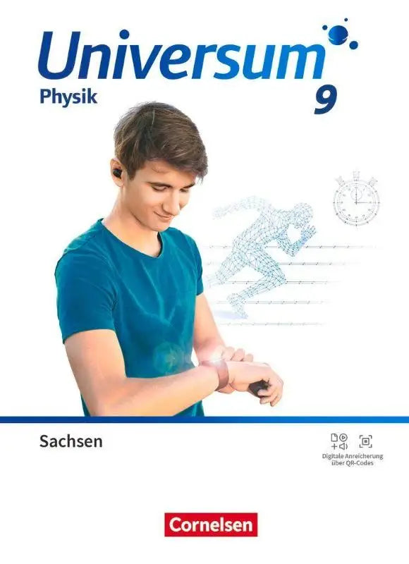 Universum physik gymnasium sachsen 9 schuljahr schauspielbuch blauw omslag jonge man in teal shirt controleert smartwatch