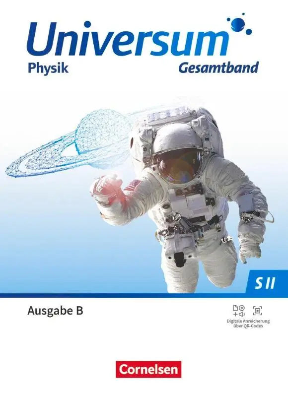 Witte astronaut in ruimtesuit houdt doorzichtige planeet vast tegen blauwe achtergrond voor universum physik sekundarstufe