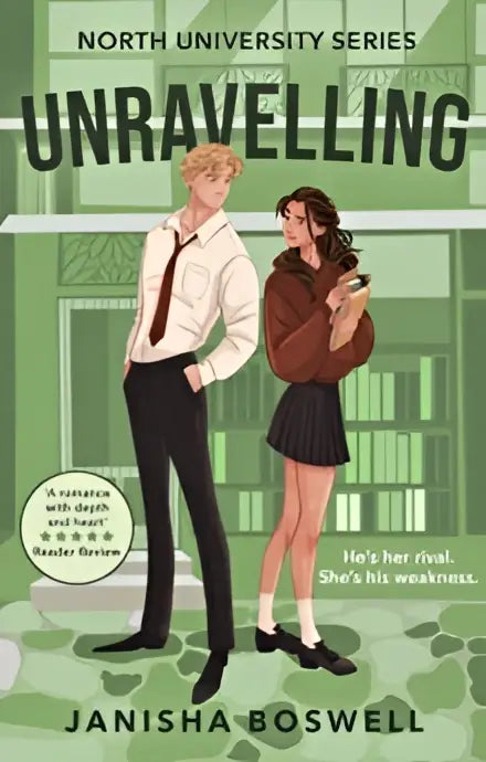 The book cover for unravelling by janisha boswell shows two illustrated characters with her in front of a green library backdrop