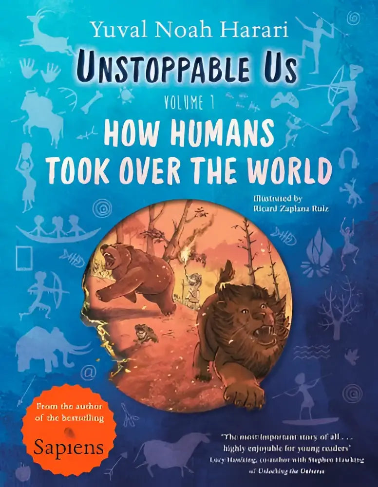 Blauw boek met illustratie van prehistorische dieren en witte tekst over hoe humans took over the world van yuval noah harari