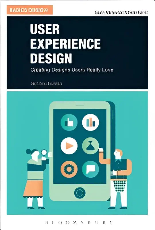 De boekcover van user experience design toont een teal smartphone met witte iconen en twee figuren op een donkerblauwe achtergrond
