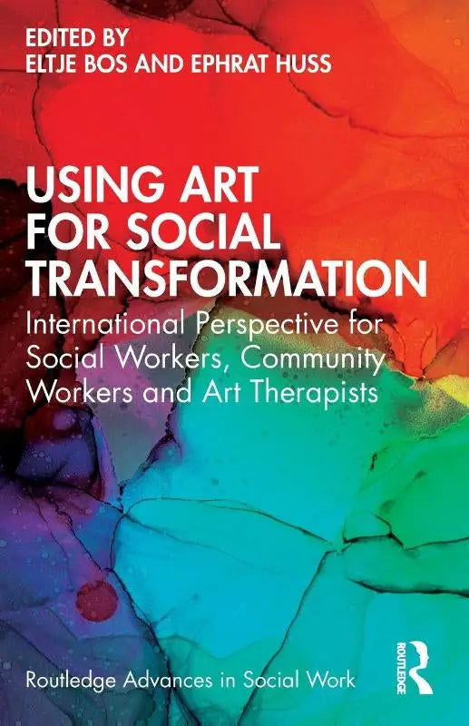 The book cover features a vibrant abstract design in red, orange, teal, and purple for social work and art use