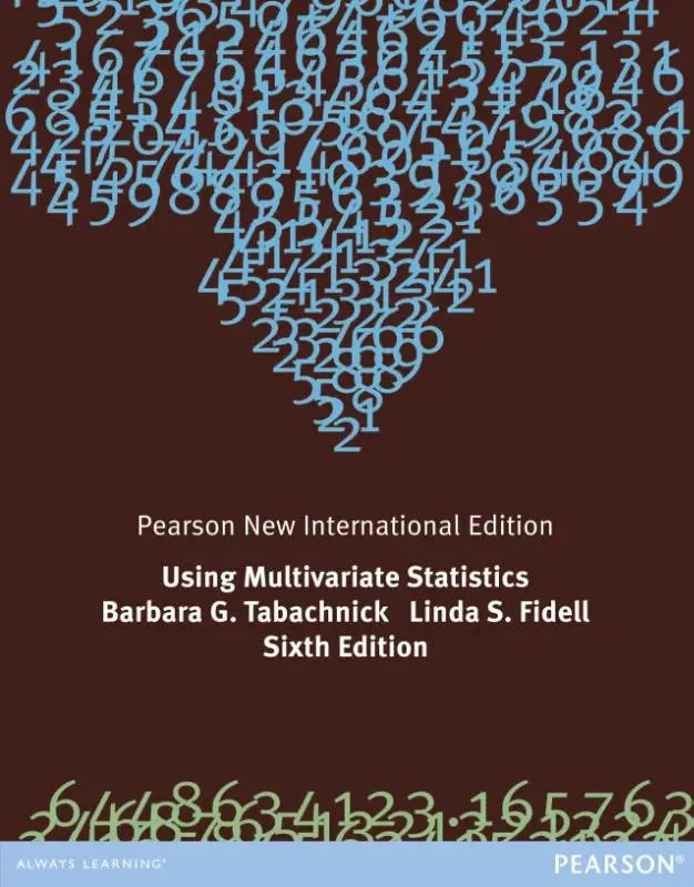 De boekcover van using multivariate statistics toont een donkerbruine achtergrond met lichtblauwe en groene cijfers in een driehoekig patroon