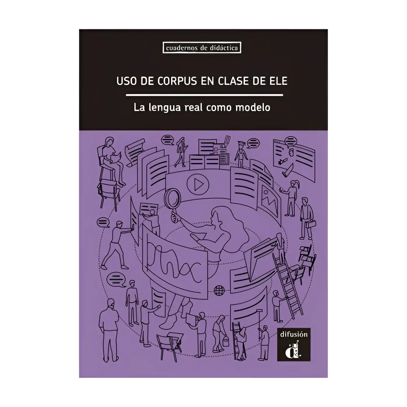 Paarse boekomslag van gebruik van corpus en linguïstische corpora in de ele klas met een lijntekening door francisco herrera