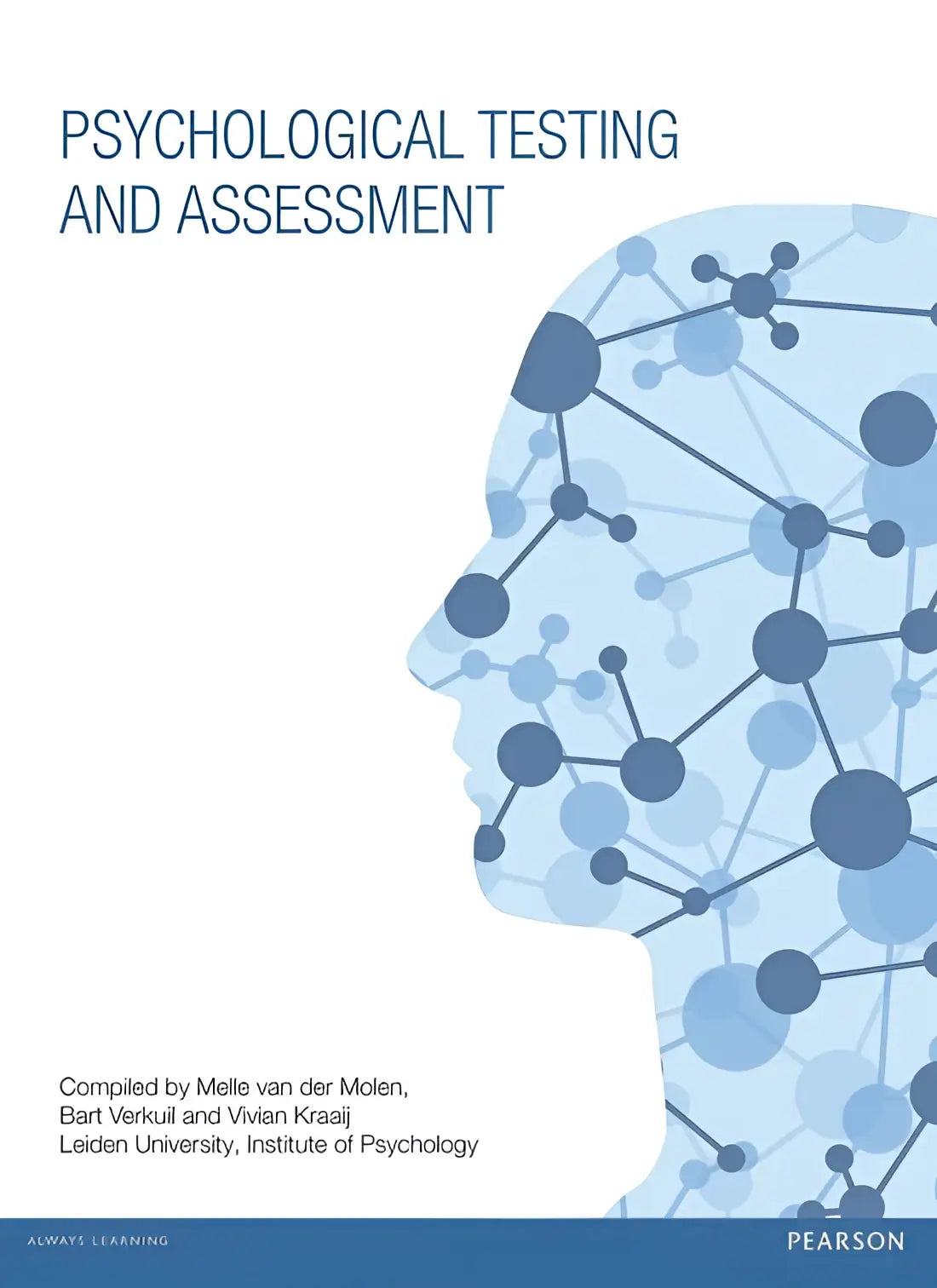 Blauw moleculair netwerk grafiek op een menselijke hoofdsilhouet op de cover van psychological testing and assessment van pearson in uvl psych pack 2016 custom edition