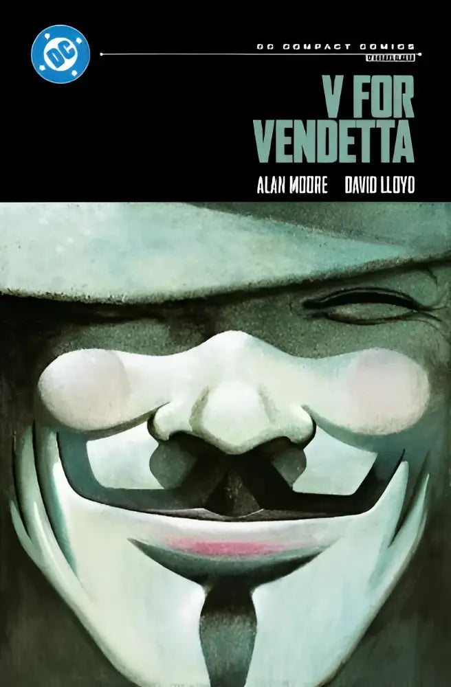 De cover van v for vendetta dc compact comics edition toont een gestileerd grijs masker met roze accenten