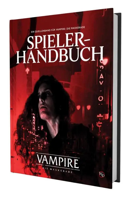 Rood hardcover spelershandbuch voor vampire the masquerade roleplaying game met vrouwelijk portret en neonstadzicht