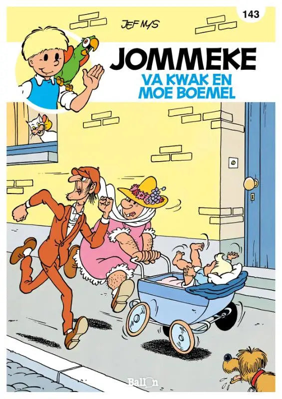 Blauwe babywagen met zwarte wielen en houten handvatten met vrolijke cartoon van moe boemel van jef nys strips algemeen