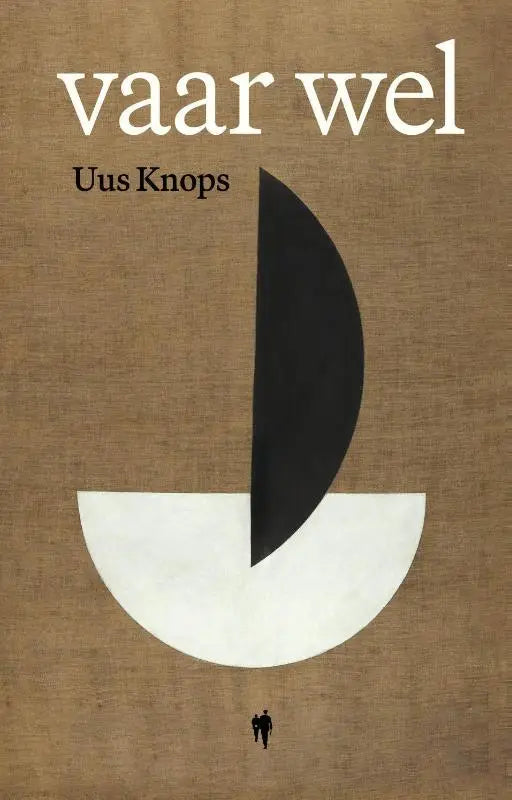 Boekomslag van vaar wel met minimalistisch ontwerp en zwarte witte geometrische vormen op een bruine achtergrond