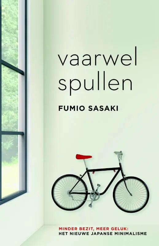 Zwart fiets met rode zitting aan een minimalistische witte muur in vaarwel spullen productpresentatie