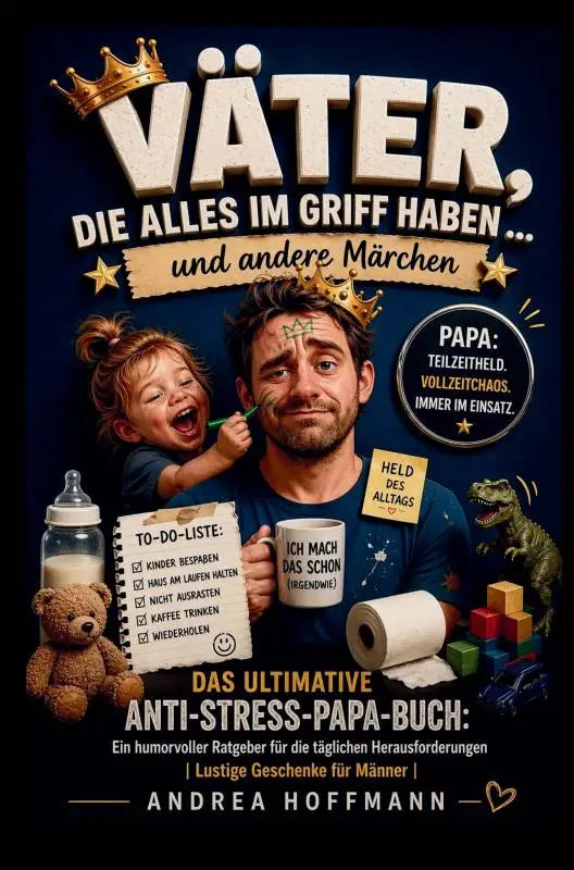 De boekhoes toont een man in een blauw shirt met een witte mok met de tekst ich mach das schon en behandelt alles im griff