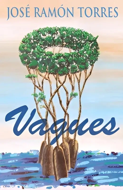 Het boekvignet vague toont gestileerde boomstructuren met groen gebladerte in een omgekeerde ring tegen een zachte blauwe en beige lucht boven water