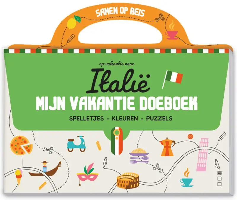 Groen vakantie doeboek voor kinderen met oranje handvat en italië-thema voor achter in de auto gebruik
