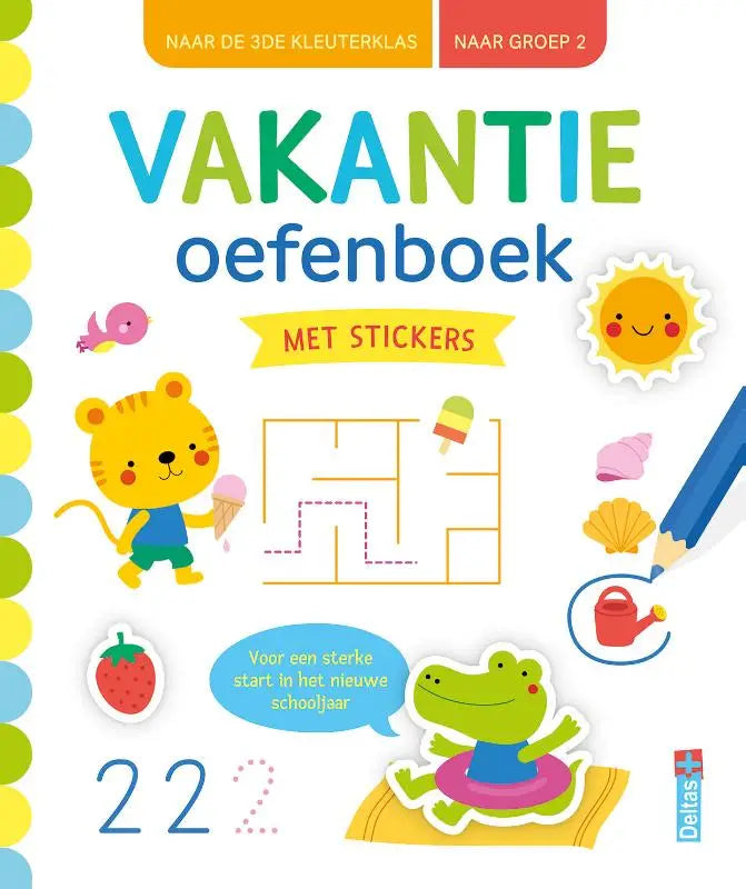 Kleurrijk vakantie oefenboek met stickers voor 3de kleuterklas met cartoon dieren en oefeningen voor nieuw schooljaar