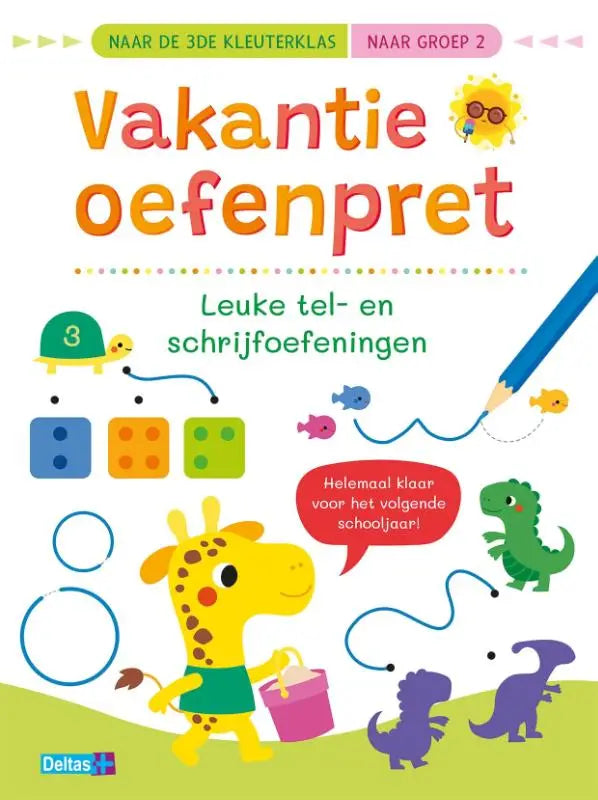 Kleurrijk vakantie oefenpret werkboek met leuke tel en schrijfoefeningen en speelse illustraties van giraffe en dinosauriërs