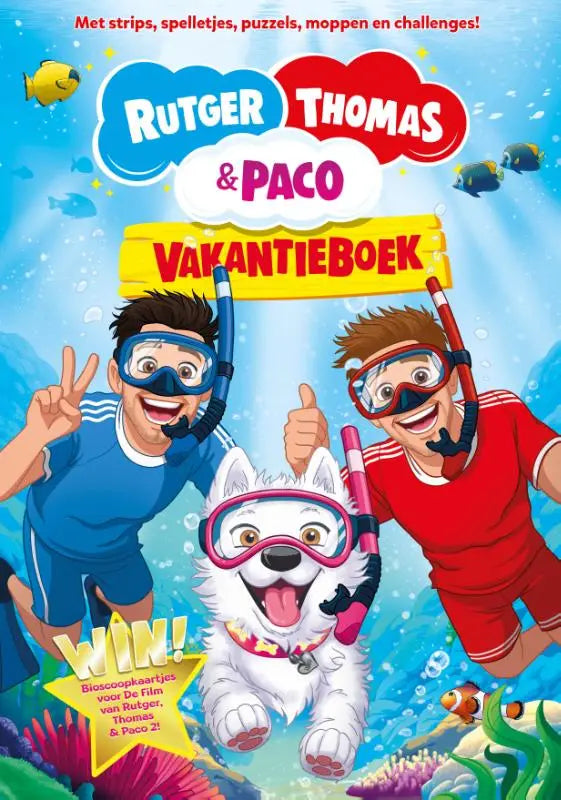 Vibrant onderwater activiteit boek voor jonge lezers met rutger thomas paco en hond met snorkelbril