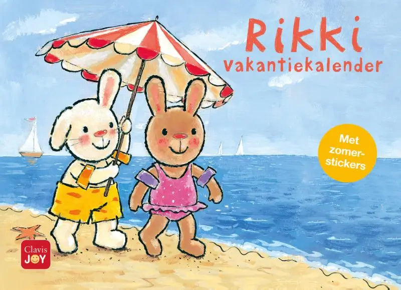 Vakantiekalender rikki met een rood wit gestreepte strandparasol gehouden door twee cartoonkonijnen voor jonge lezers