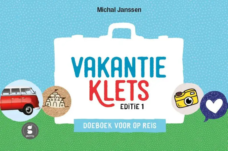 Witte geïllustreerde koffer met handvat en titel vakantie klets in blauw en rood voor vakantieklets doeboek