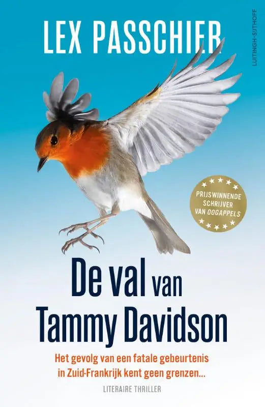 A levendige oranje en witte Europese roodborst in vlucht bij helderblauwe lucht, passend bij tammy davidson literaire thriller van lex passchier