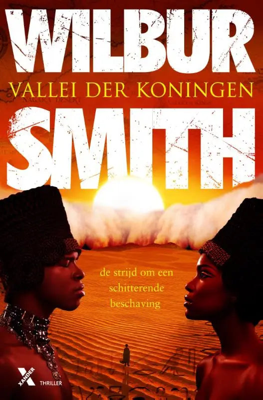 De boekomslag vallei der koningen toont witte en gele tekst met twee figuren in egyptische stijl bij zonsondergang