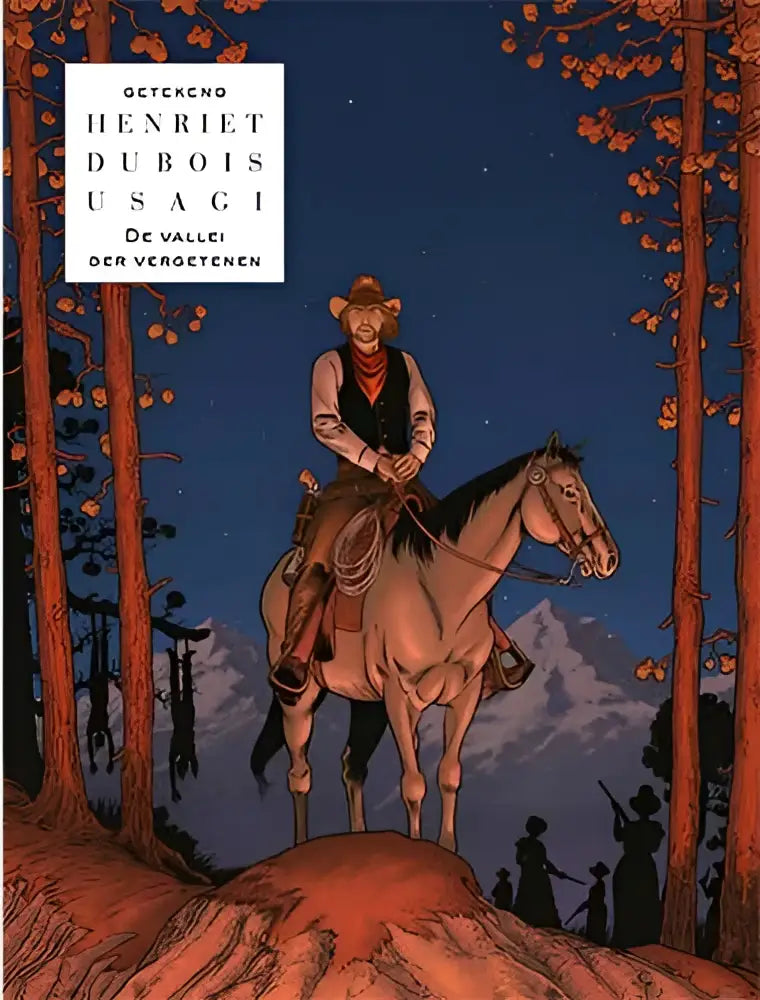 De vallei der vergetenen comic boek cover met cowboy te paard onder sterrenhemel en berglandschap door henriette dubois
