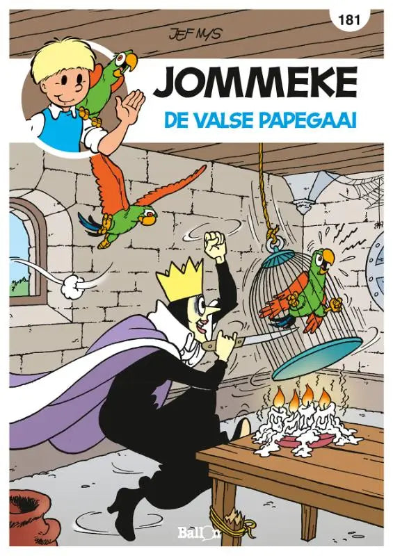 De cover van de strip jommeke de valse papegaai door jef mys toont een kleurrijke cartoonillustraite met dynamische actie