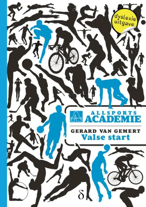 Blauwzwarte silhouetillustratie boekomslag met atletische figuren in diverse sporthoudingen voor valse start