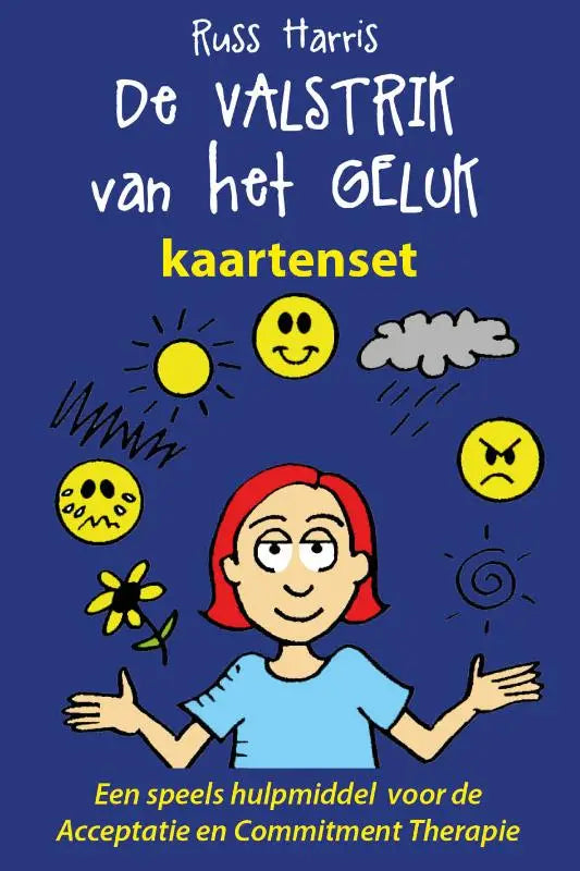 Blauw geïllustreerde deksel van de geluk kaartenset met cartoon vrouw en gele smileys als speels hulpmiddel voor commitment therapie