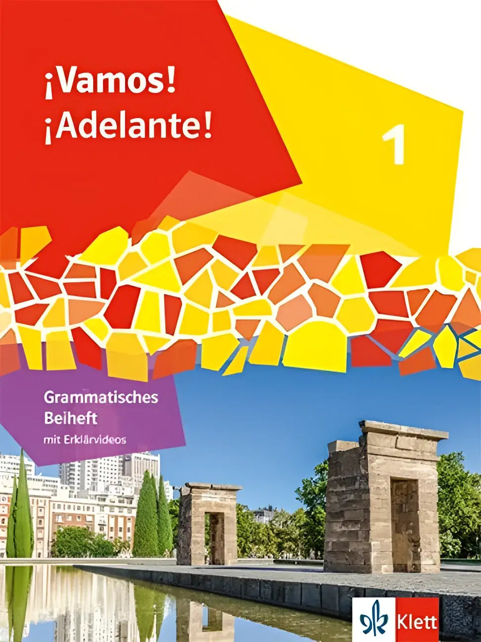 De omslag van het grammatisches beiheft ¡vamos adelante 1 met kleurrijk mozaïek op oude stenen structuren