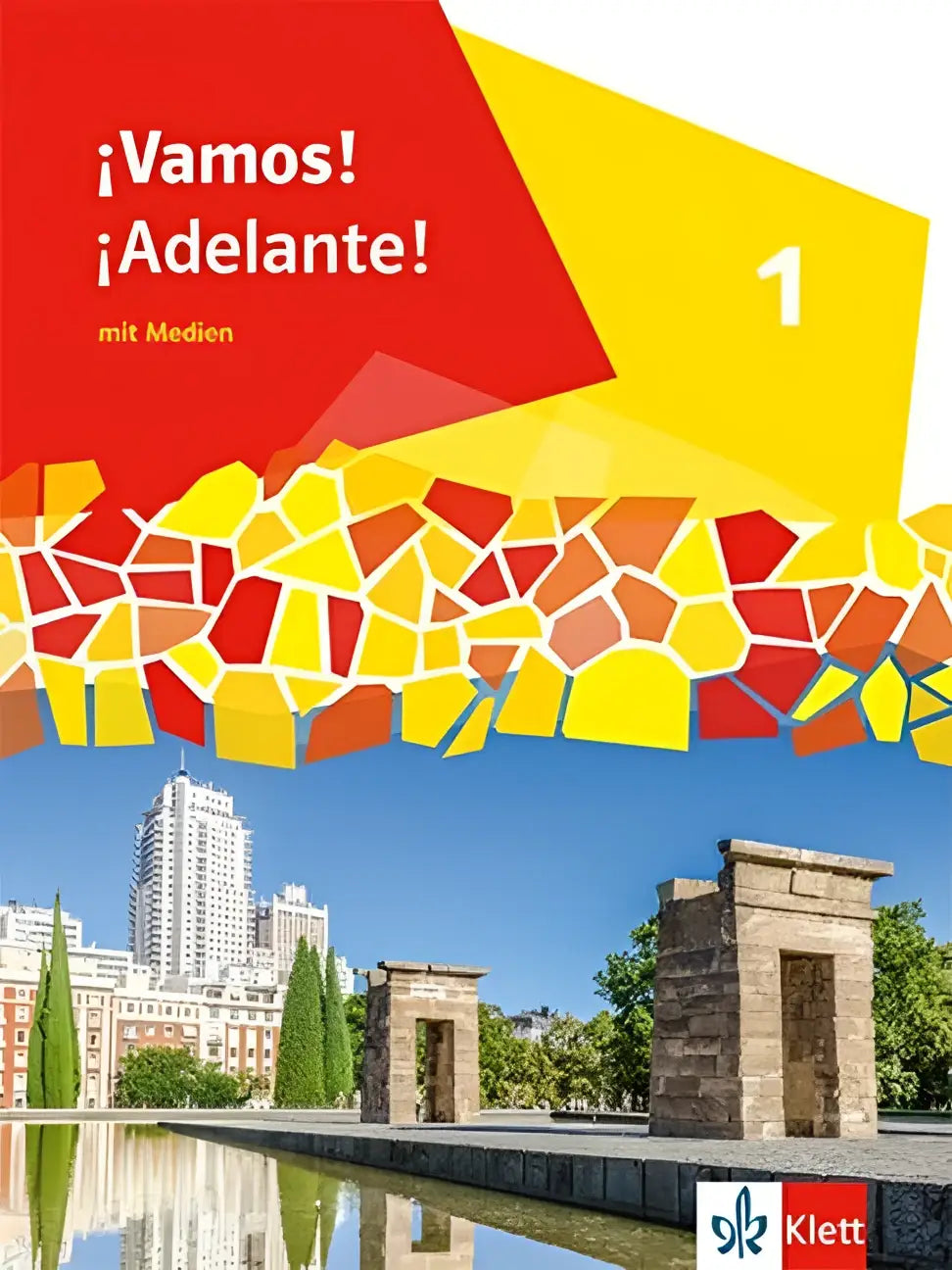De voorkant van het ¡Vamos! ¡Adelante! 1 spaans leerboek toont een mozaïek in rode en gele tinten boven stenen ruïnes