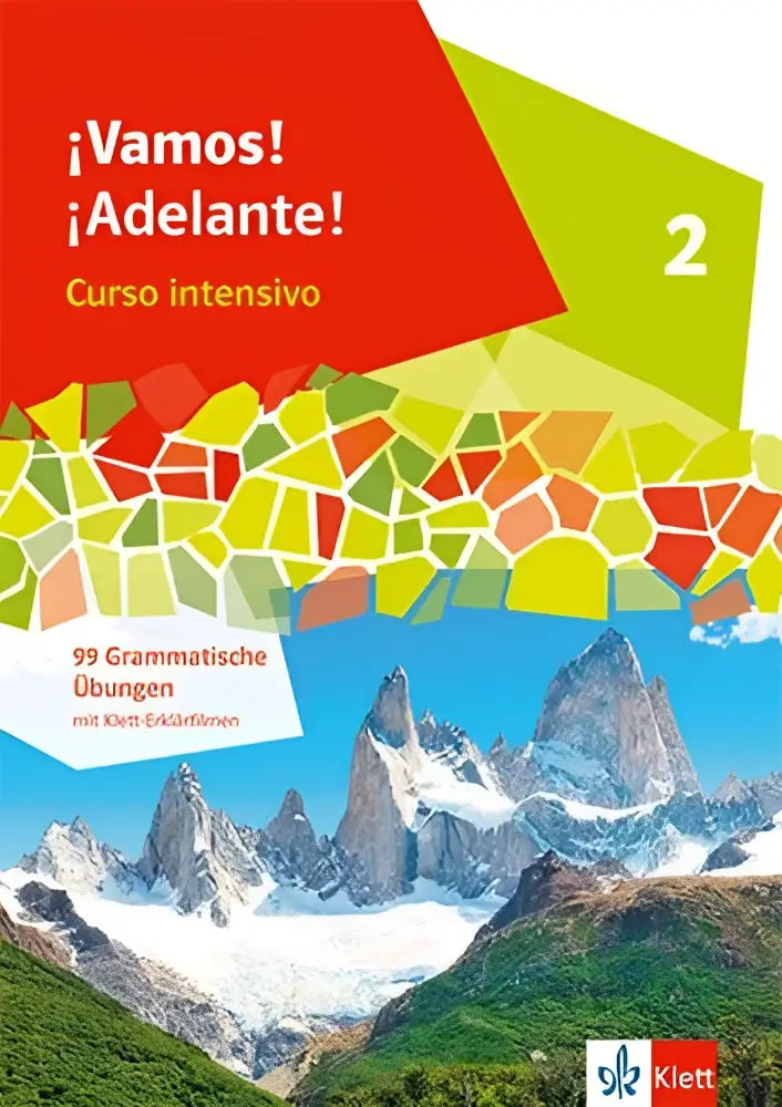De kleurrijke omslag van het curso intensivo boek ¡vamos adelante! toont een geometrisch mozaïek boven besneeuwde bergen met grammatische oefeningen