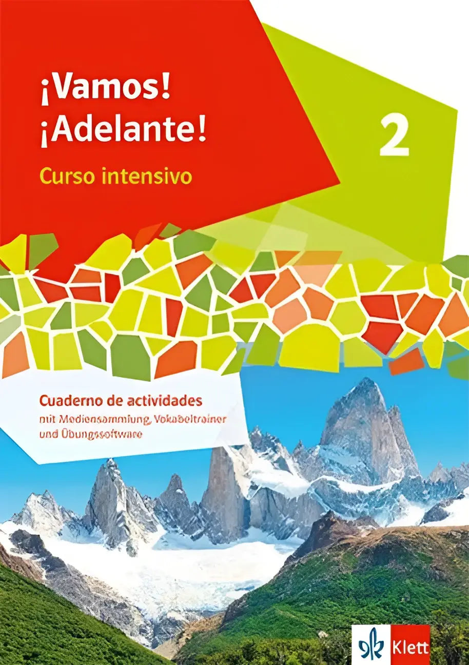 De klett ¡vamos! ¡adelante! curso intensivo 2 cuaderno de actividades mit mediensammlung met kleurrijk mozaïek en besneeuwde bergen