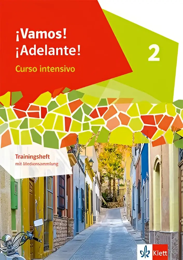 De cover van ¡vamos adelante 2 trainingsheft mit mediensammlung toont een kleurrijk mozaïek over een smal straatbeeld