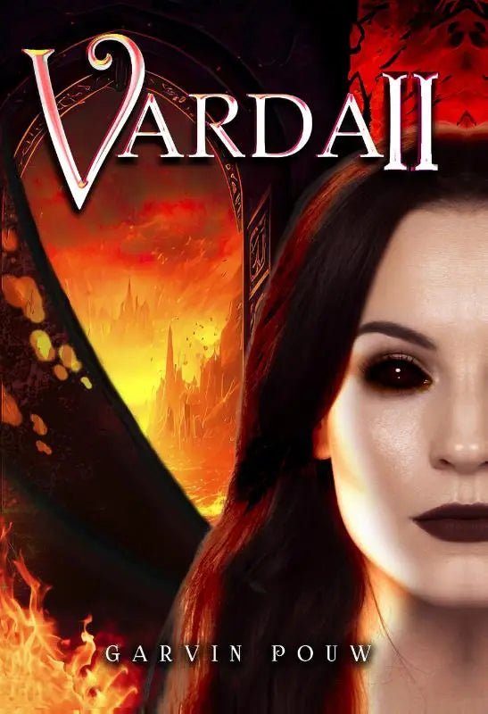 Het boekvcover van vardail door garvin pouw toont een vrouw met donker haar en smoky eye makeup tegen een apocalyptische achtergrond voor varda ii