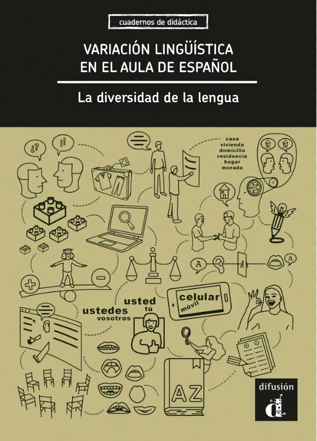 Zwart-beige geïllustreerd educatief werkboek variación lingüística door difusión voor talen algemeen en binnen talen gebruik