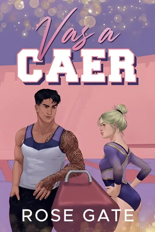 De boekcover van vas a caer toont de titel in vet witte letters met roze cursief boven een illustratie van twee personen en een bordeauxkleurige koffer