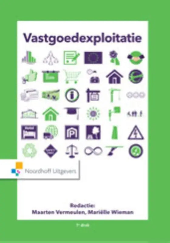 Boek cover vastgoedexploitatie met witte achtergrond en groene en paarse iconen door maarten vermeulen en mariëlle wieman