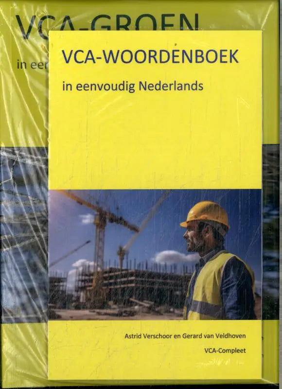 Gele vca-woordenboek met bouwvakker op cover onderdeel van combinatiepakket vca-groen met digitale omgeving en online lessen