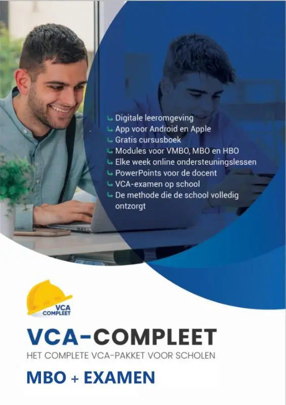 Blauw-wit promotieposter vca-compleet met een man die lacht en laptop gebruikt en boek basisveiligheid vca tekst