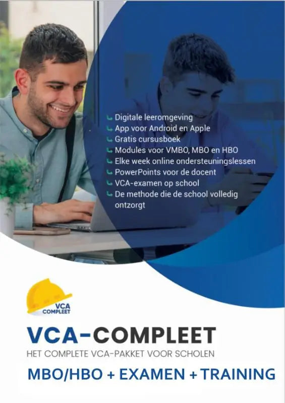 Blauw-witte promotionele poster voor vca-compleet mbo hbo met lachende man en digitale leermaterialen voor operationeel leidinggevenden vca