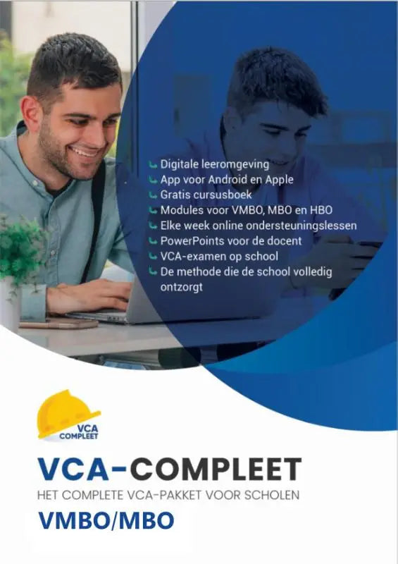 Blauw-witte promotieflyer van vca-compleet combinatie boek met e-learning app en online lessen voor vmbo mbo scholen