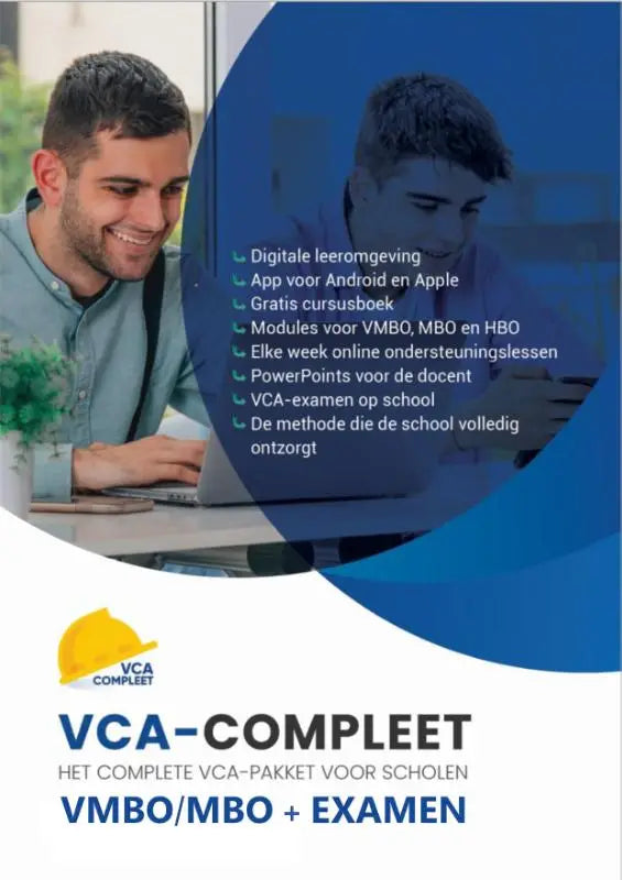Blauw-wit promotieflyer van het vca compleet vmbo combinatie cursusboek inclusief e-learning app online lessen en examen