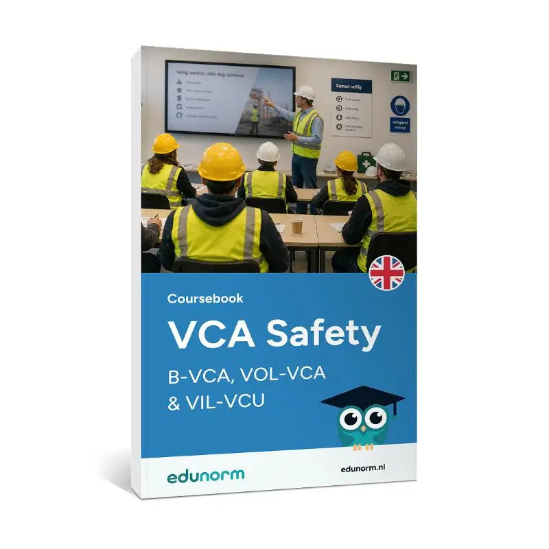 Blauw-witte vca safety cursusboek van edunorm met klaslokaalscène en werknemers in gele hesjes en helmen voor vca veiligheid