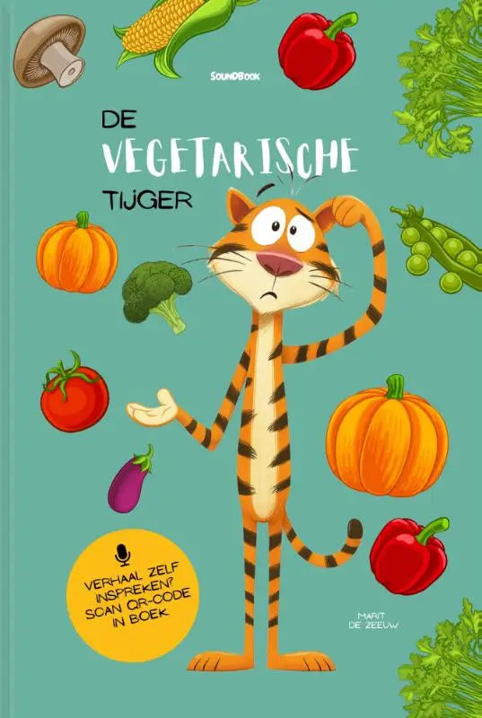 De voorkant van de vegetarische tijger toont een cartoon tijger omringd door groenten zoals pompoen en broccoli