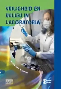Boekcover van veiligheid en milieu in laboratoria met twee personen in witte laboratoriumjassen bij medische laboratoriumtesten door syntax media