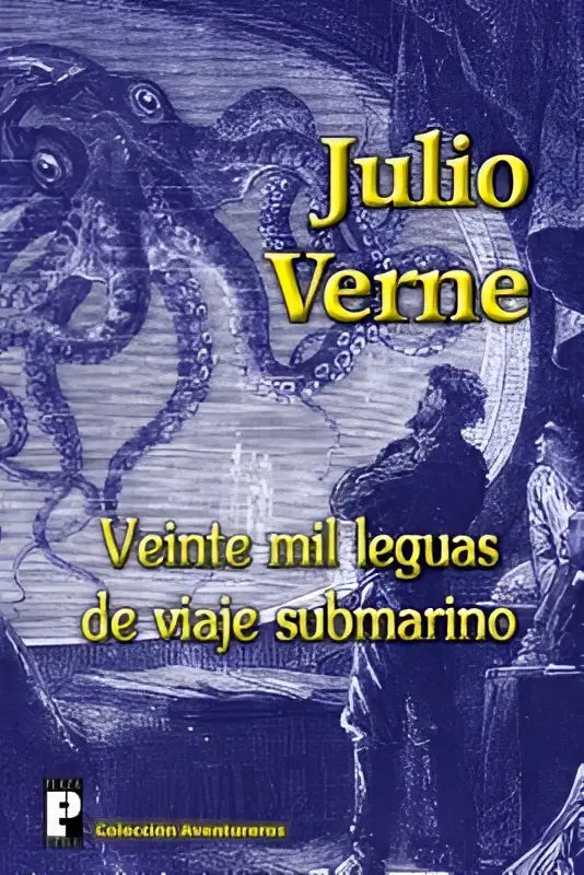 Blauw geïllustreerd boek met een gigantische octopus en de titel veinte mil leguas van julio verne