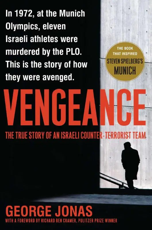 De boekcover van vengeance door george jonas toont de true story van een israëlisch antiterreurnetwerk met rood-witte tekst op zwarte achtergrond